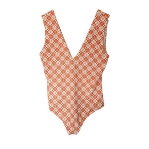 Free People Plunging V-Neck Bodysuit Floral Checkered 70s Retro Sleeveless L